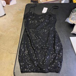 NutsnBolts Women's Black Sequined Spaghetti Strap Mini Cocktail Dress M NWT